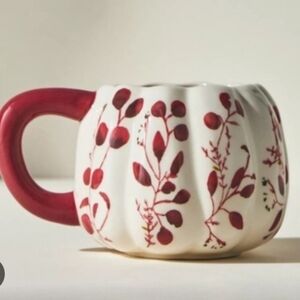 Anthropologie Handpainted Pumpkin Mugs - Red and White